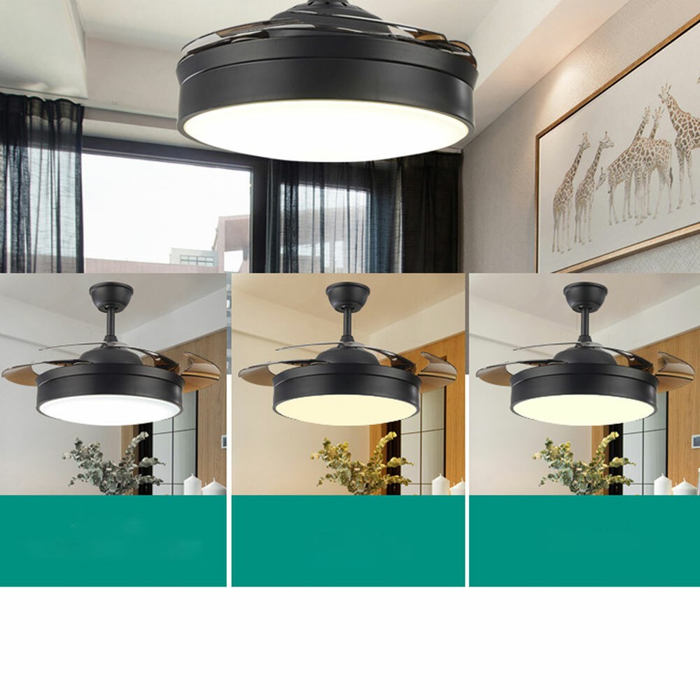 42" Retractable Blades LED Ceiling Fan Light Lamp Chandelier With Remote Control