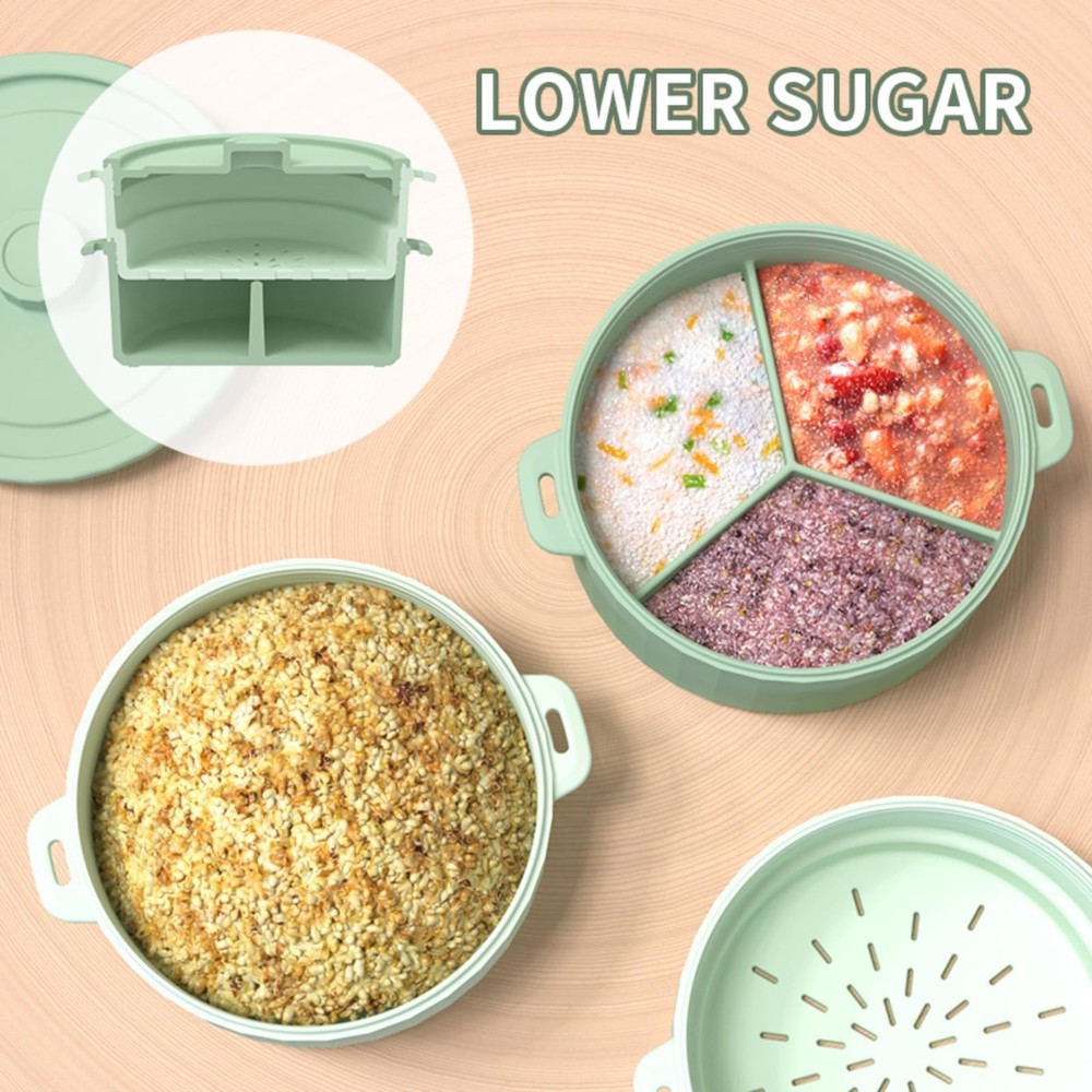 2-Tier Silicone Microwave Steamer, Divided Compartments with Lid, Stackable F...