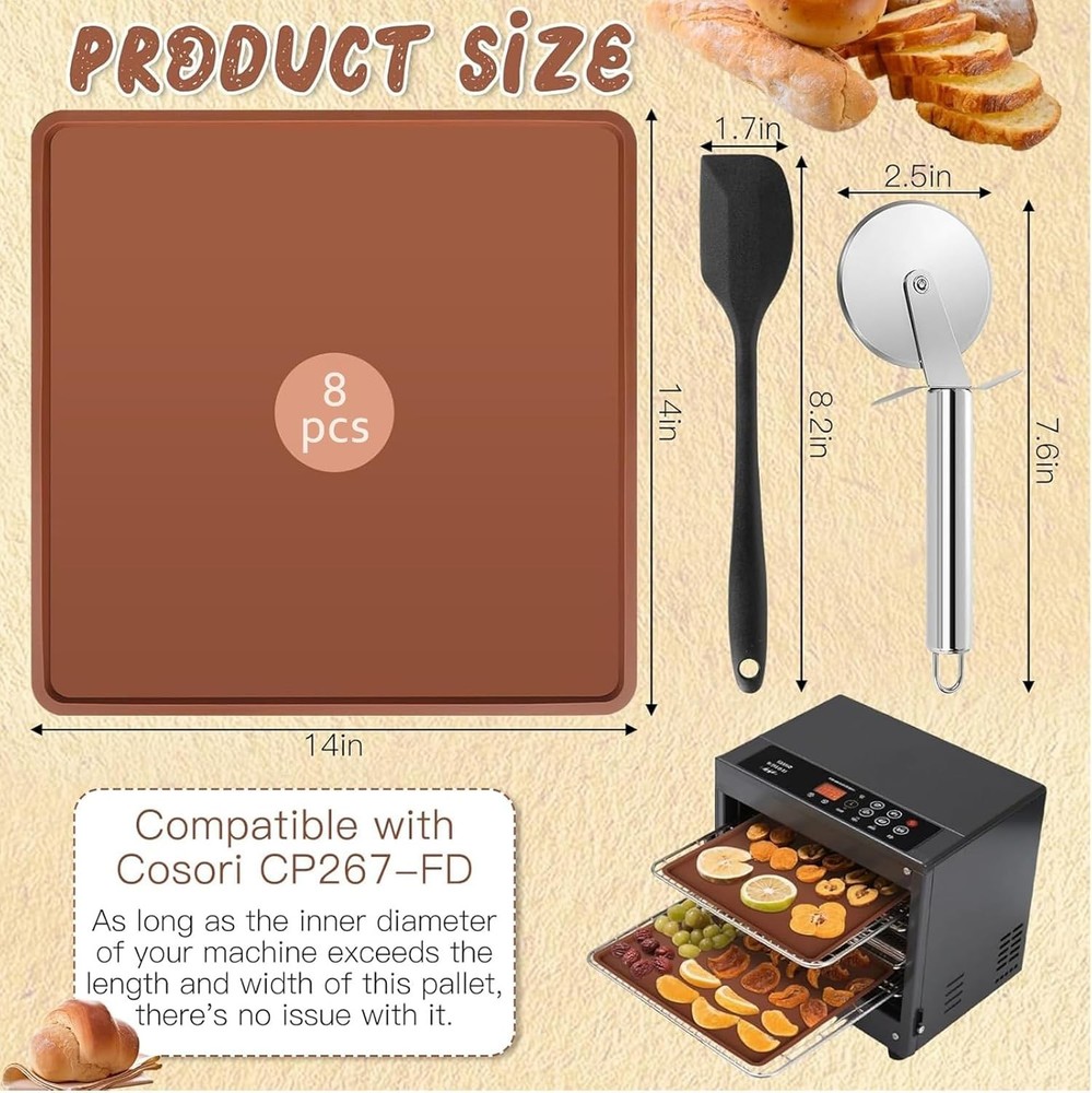 8 Pack Silicone Dehydrator Trays Sheets 14'' X 14'',Reusable Fruit Leather Dehyd