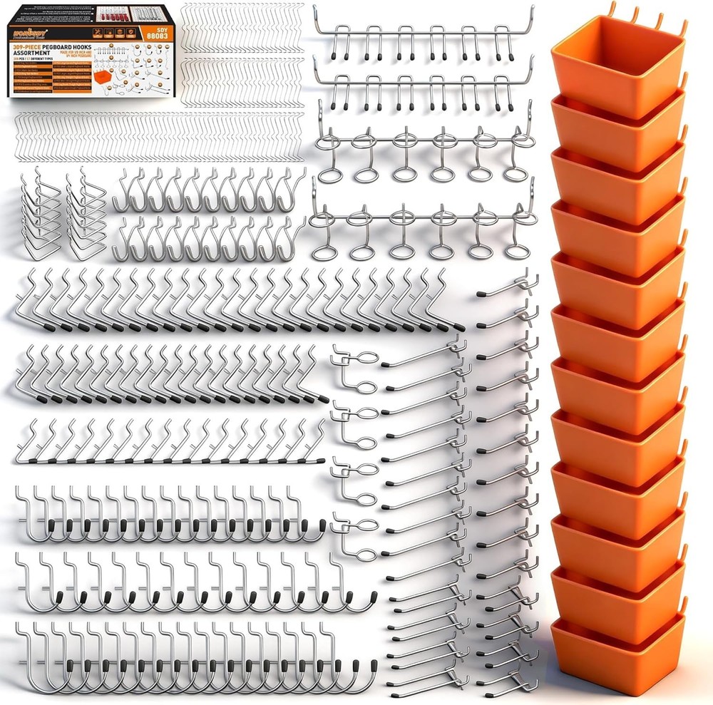 Heavy-Duty Pegboard Hooks & Bins - Garage Workshop Organizer