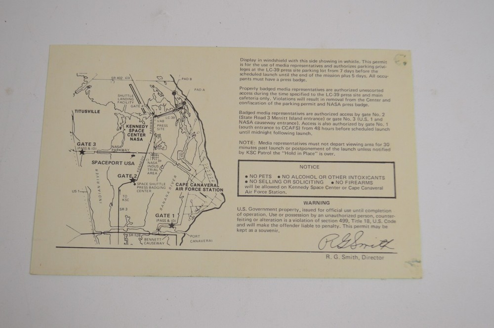 NASA STS-41G Press Site Gate Pass Challenger Space Shuttle Sally Ride Sullivan
