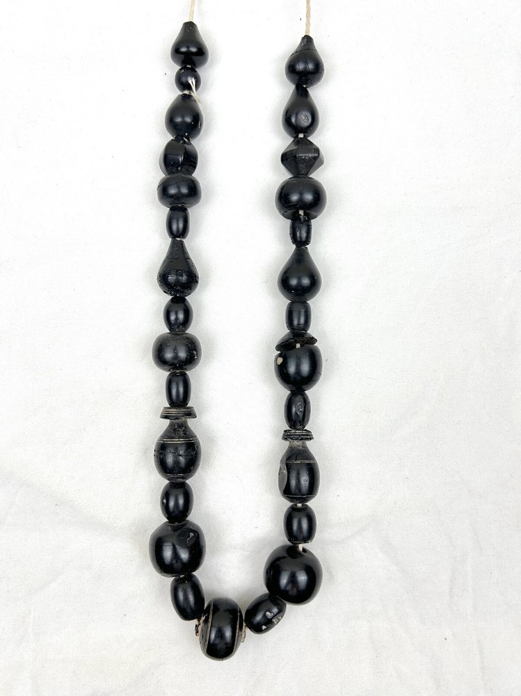Ancient Bactrian Black Banded Agate and Jet Bead Necklace