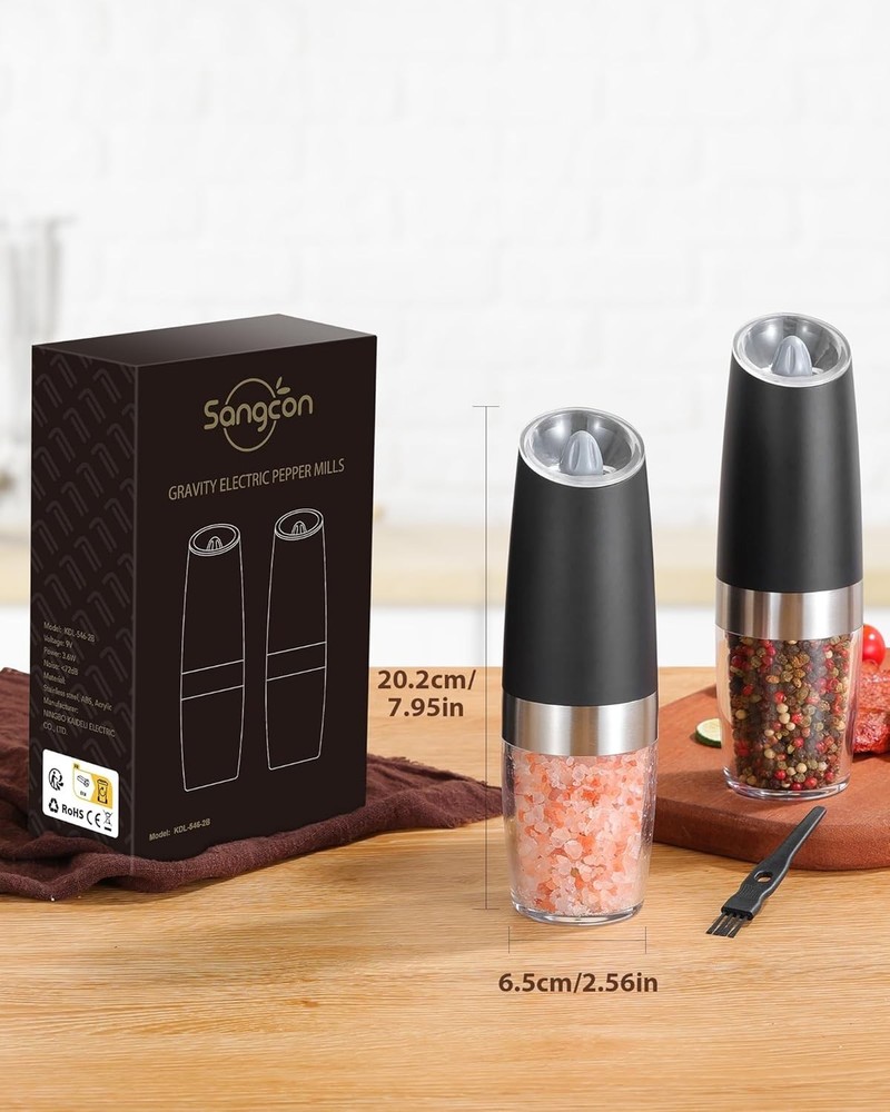 Gravity Electric Salt Pepper Grinder Set Auto LED Light, Adjustable Coarseness