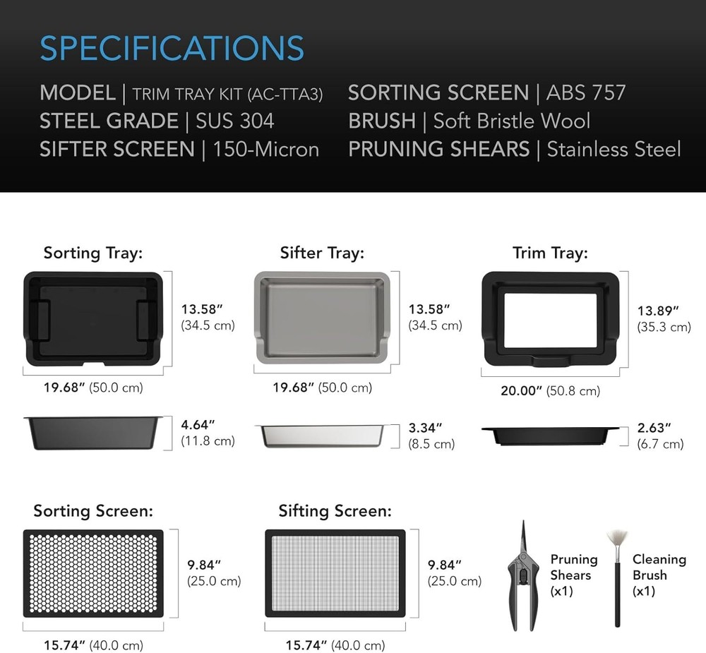 AC Infinity Large Trim Tray System 20-Inch,Interchangeable 3-Tray,2-Screen Kit..
