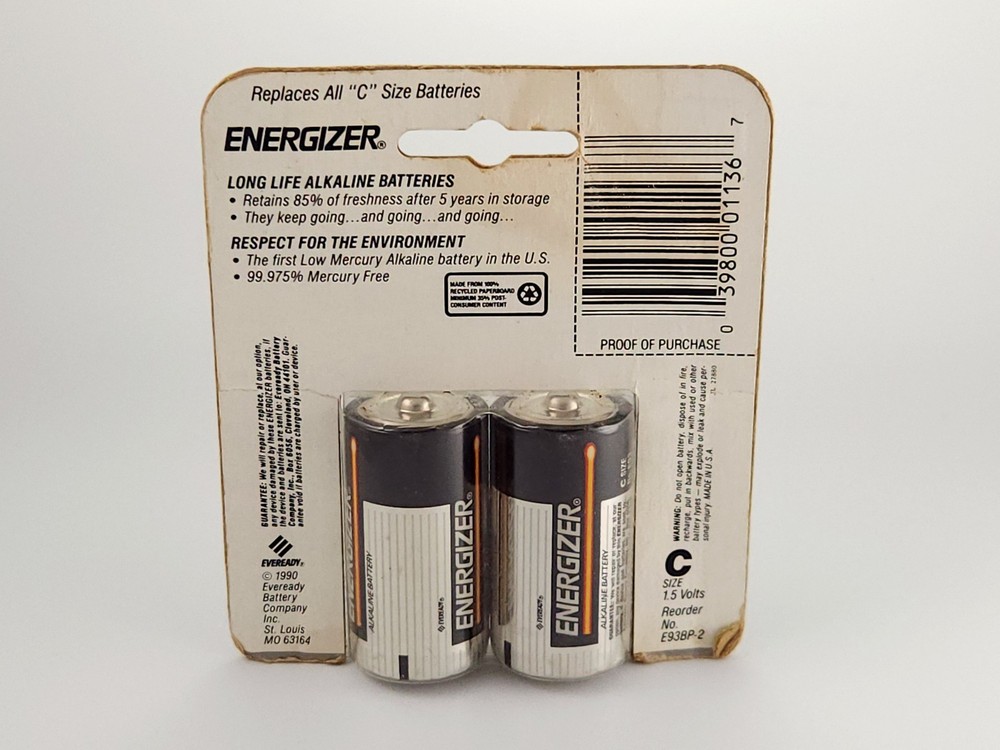 Vtg 1990 Eveready Energizer Size C Batteries (2) - Original Pack - Prop/Display