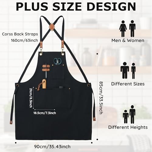 Plus Size Canvas Aprons, Kitchen Chef Aprons, Unisex Heavy Duty Work Black