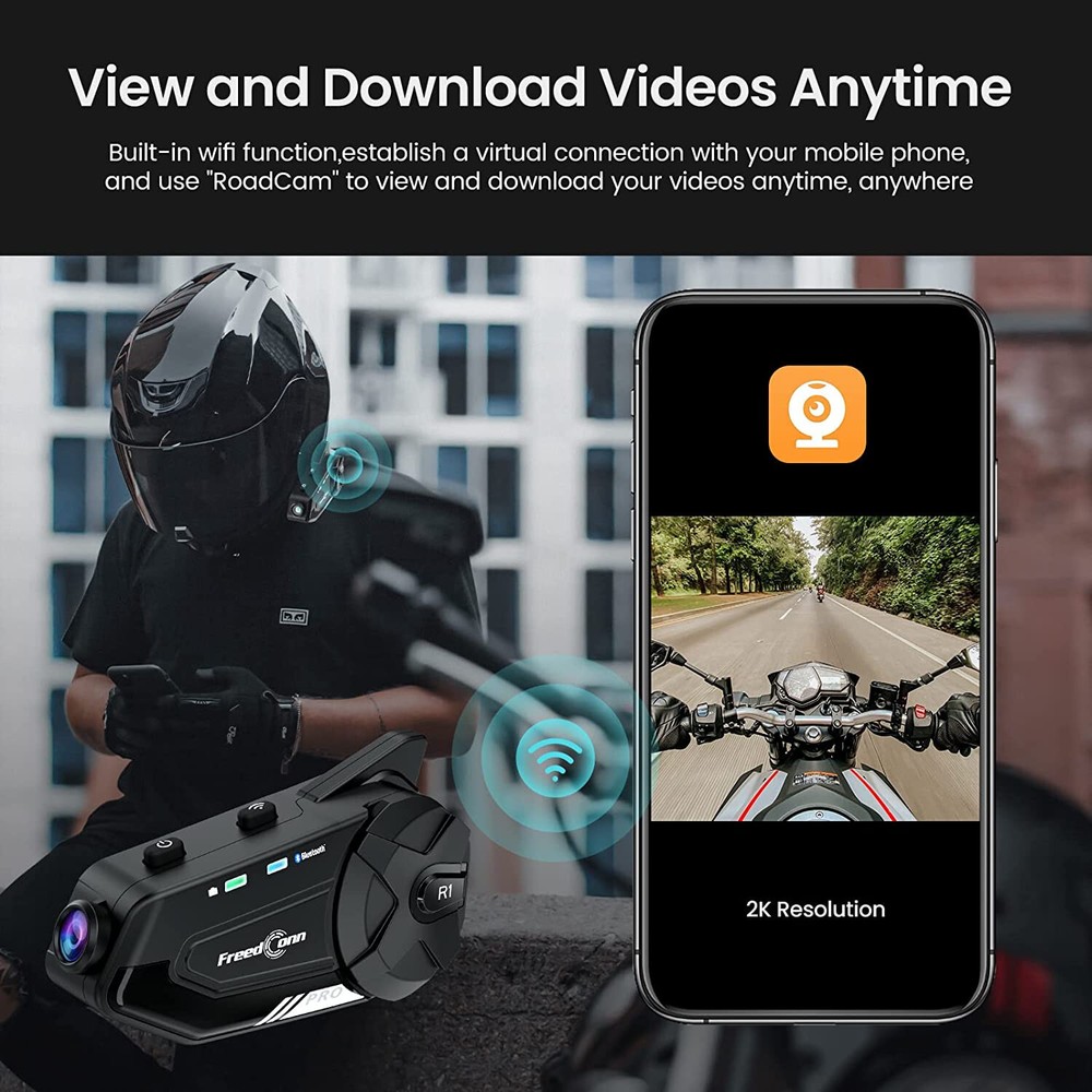 Bluetooth Motorcycle Intercom Headset Helmet Communication 2K Camera Recorder