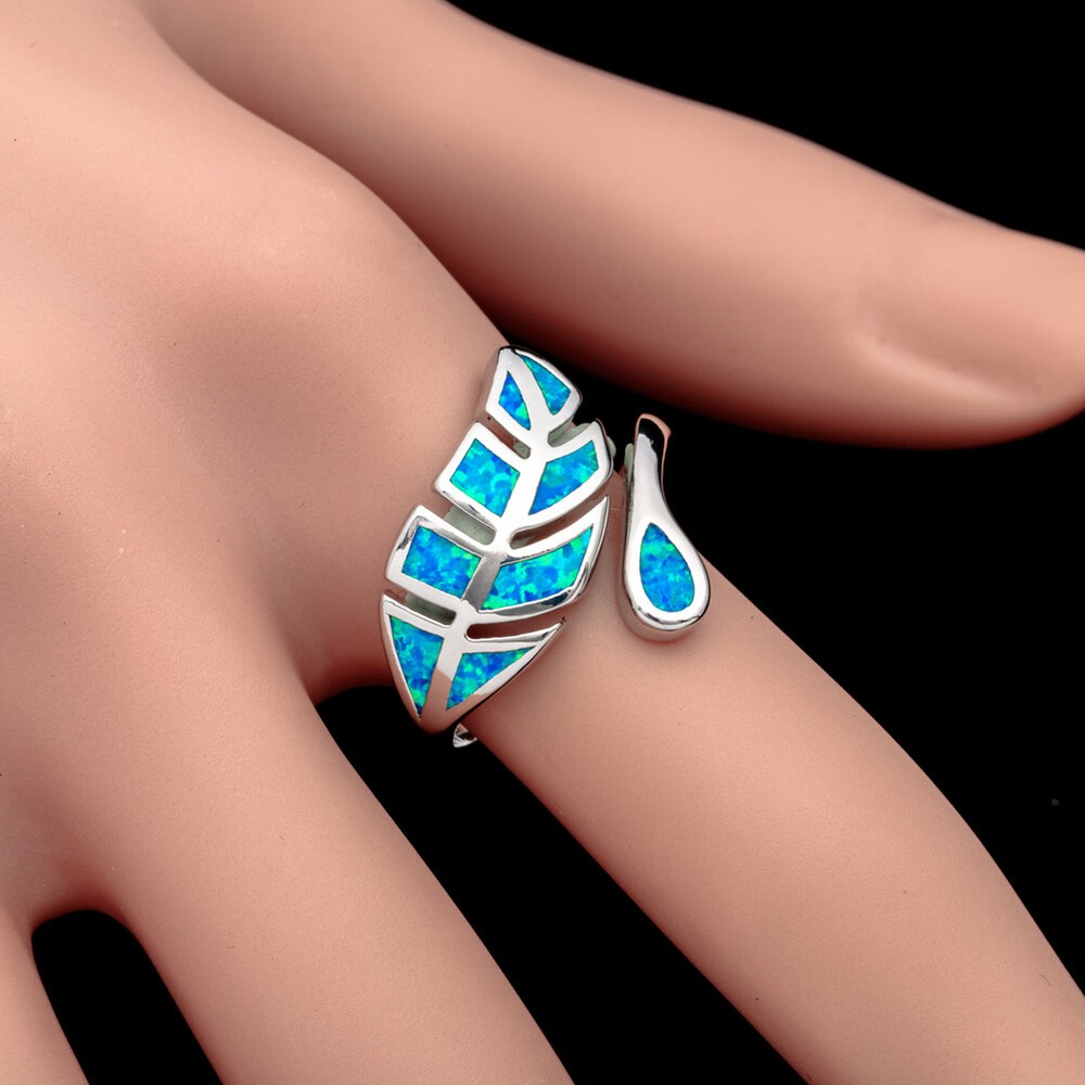 Tree Leaf Blue Fire Opal Silver Jewelry Bypass Wrap Ring Fit Size 7 8 9