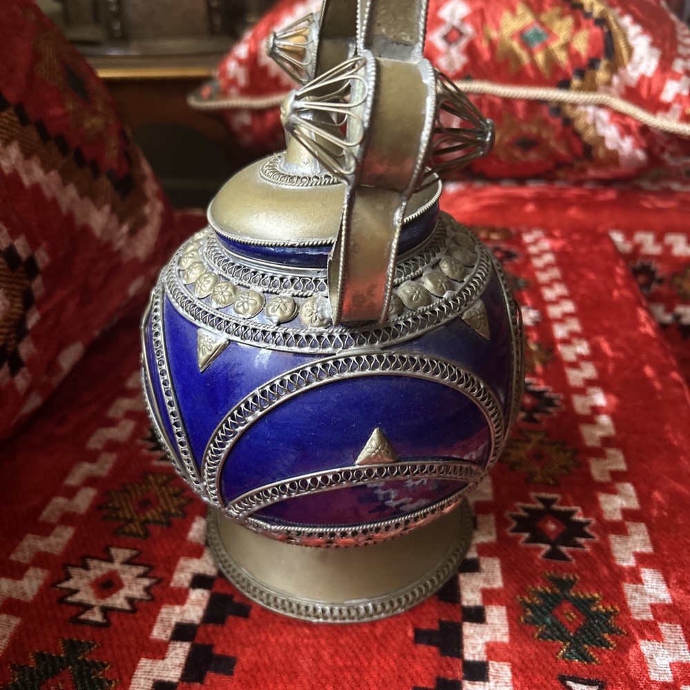 vintage Moroccan blue ceramic kettle with silver engraving