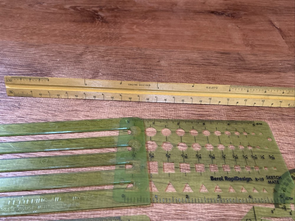 Vintage Drafting Tools - Templates, Compasses, Triangle Scale Ruler