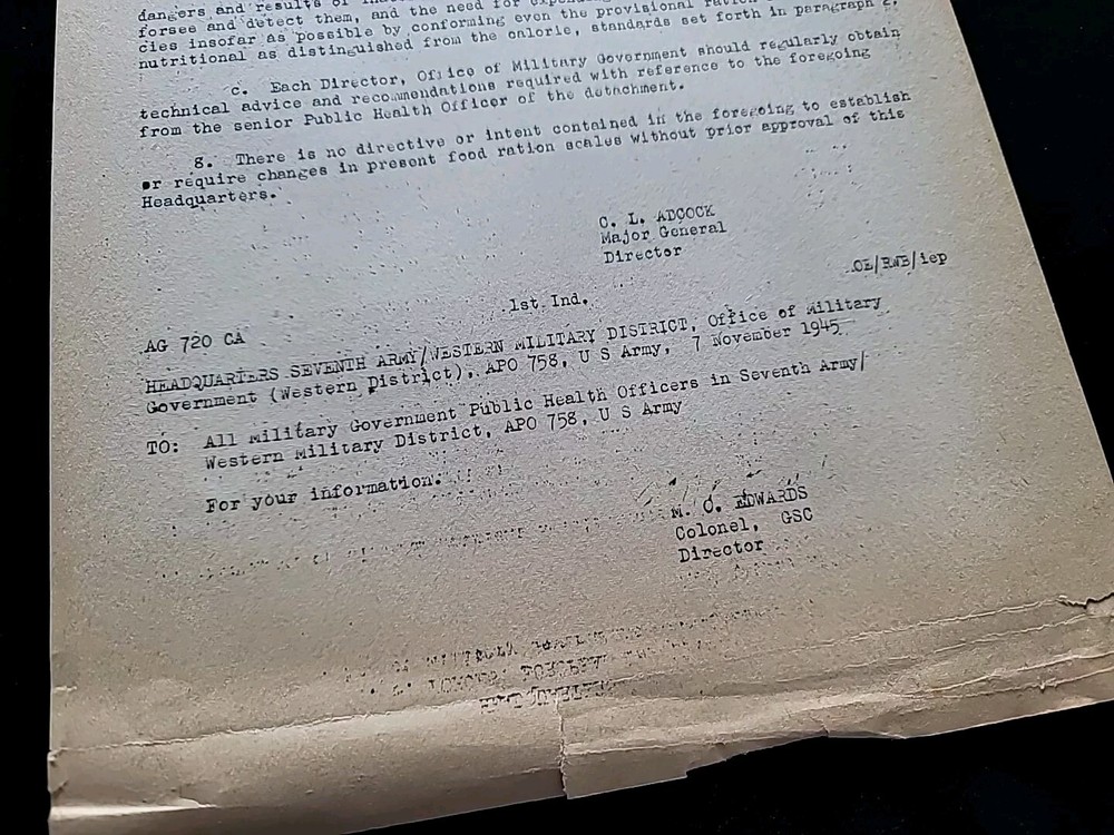 1945 Germany WWII US Army War Military Document Minimum Nutrition Requirements