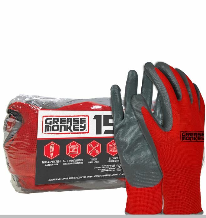 New ! Grease Monkey Red Nitrile Coated Work Gloves Size Large