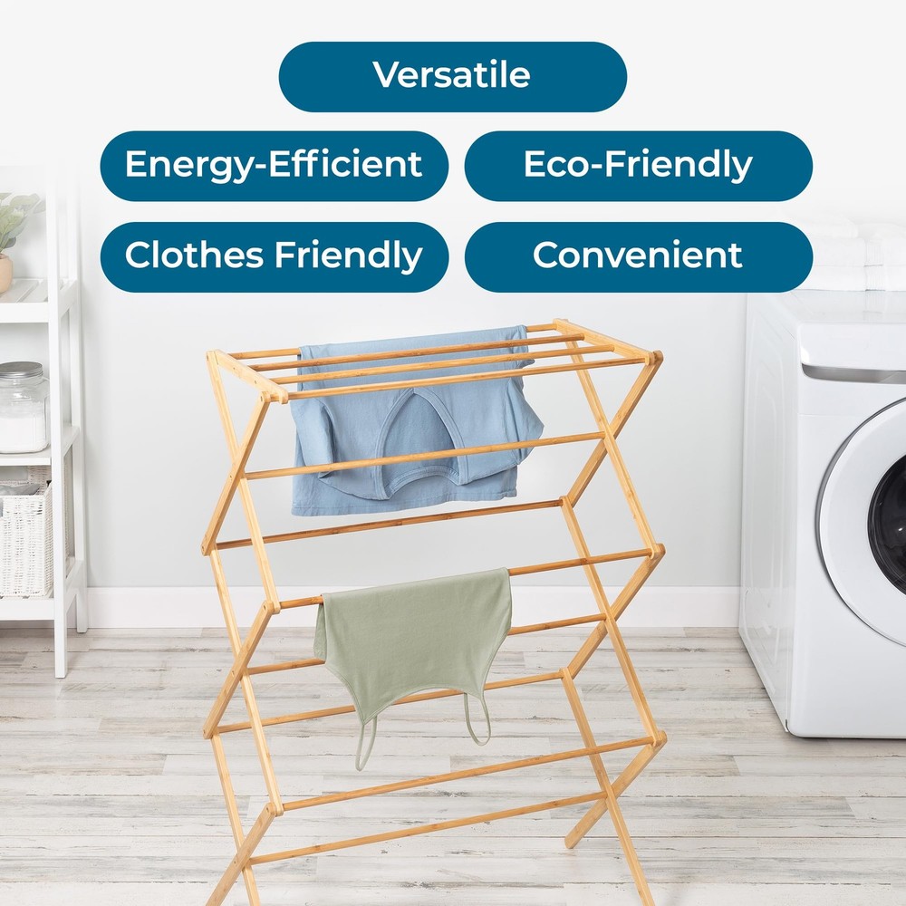 Collapsible Bamboo Drying Rack – Sturdy & Foldable Laundry Drying Rack, Space...