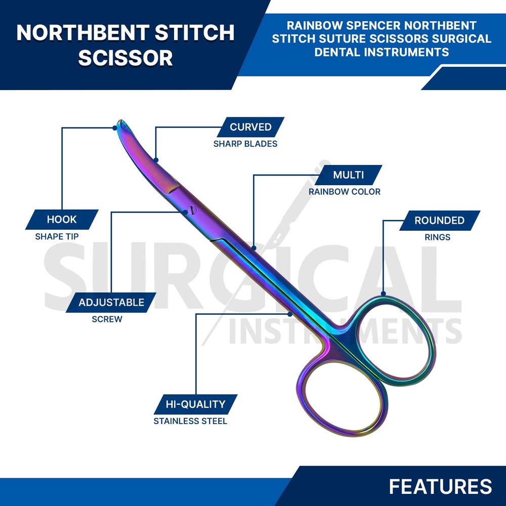 3 Pcs Suture Stitch Scissors 4.5" Curved Multicolor/Rainbow Titanium German Grad