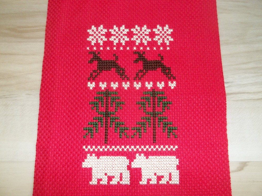 Sampler Cross Stitch Completed Deer Polar Bears Pine Trees Snowflakes