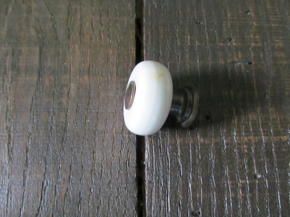 VTG White Ceramic Porcelain & Brass Knob Cabinet Pull Handle 7/8" Button