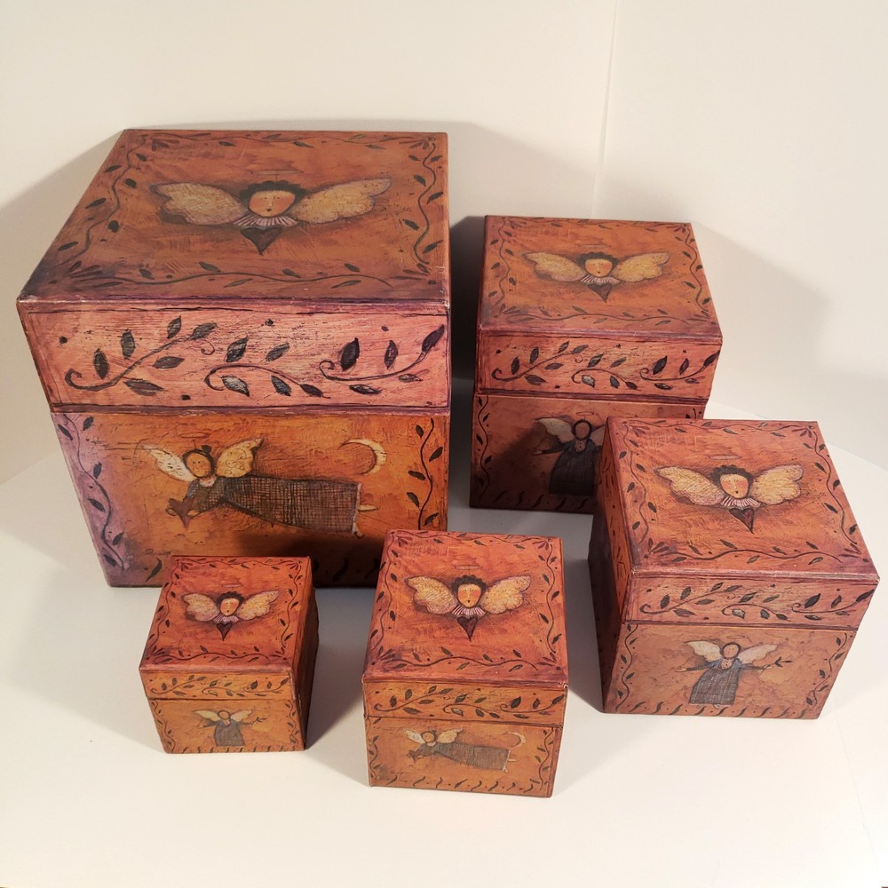 Bob’s Boxes Primitive Folk Angels by R A Lang Nesting Stackable Decor Storage