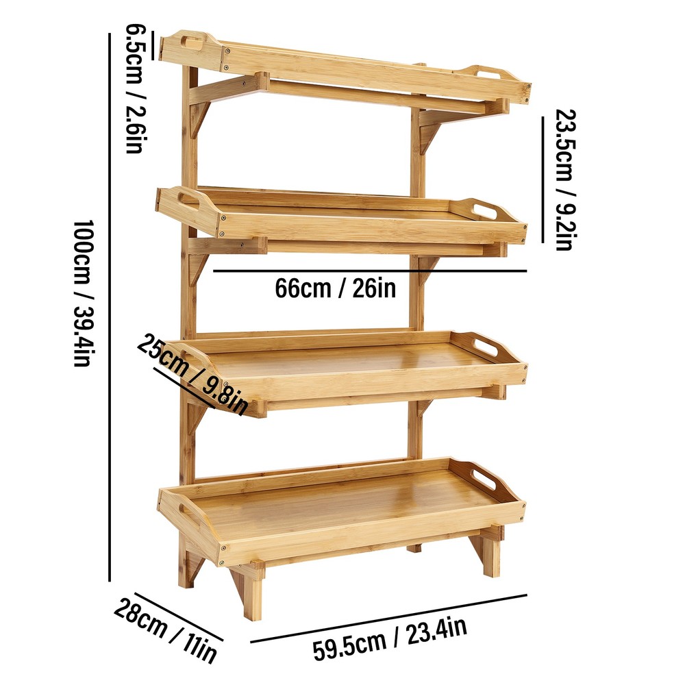 4-Tier Bamboo Storage Rack w/Removable Trays Kitchen Fruit Snack Organizer Shelf