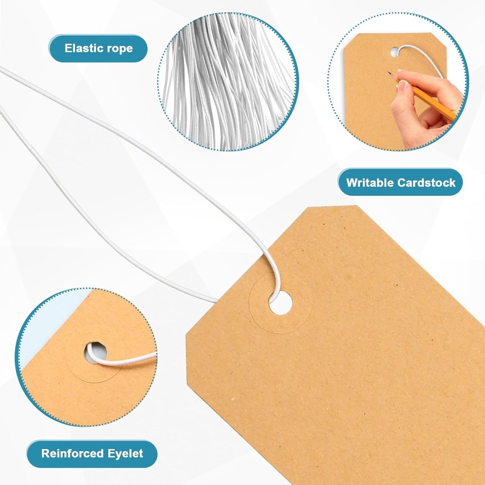 100 Pack Manila Shipping Tags with Elastic String Blank Labeling Tags with Strin