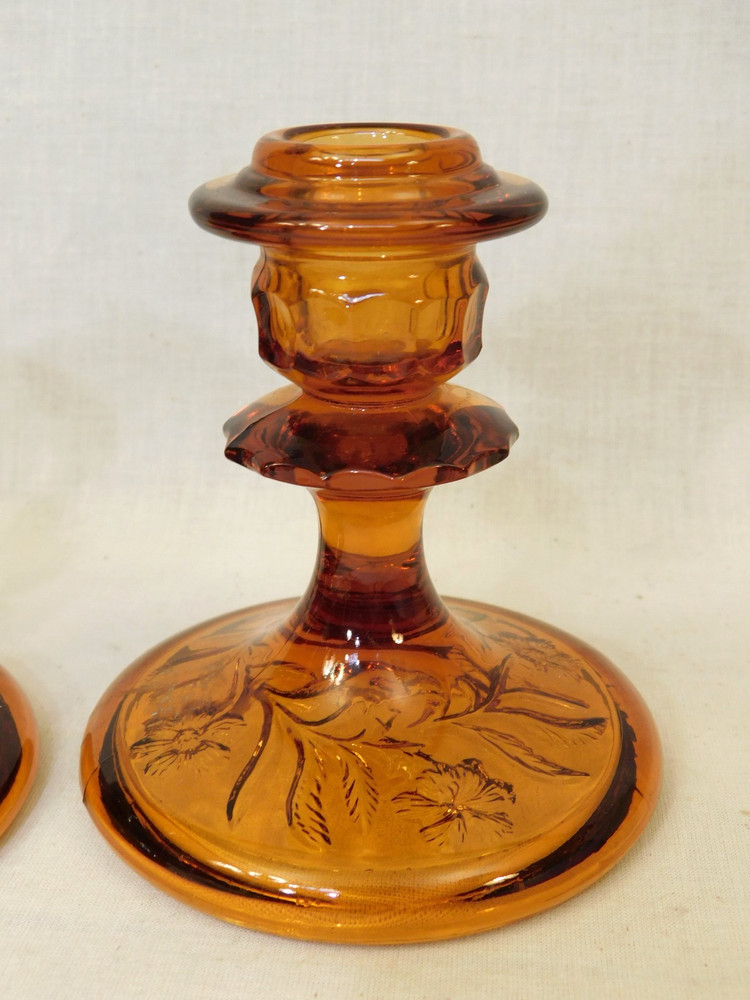 2 Amber Brown Depression Glass Candle Holders w/ Flower Pattern