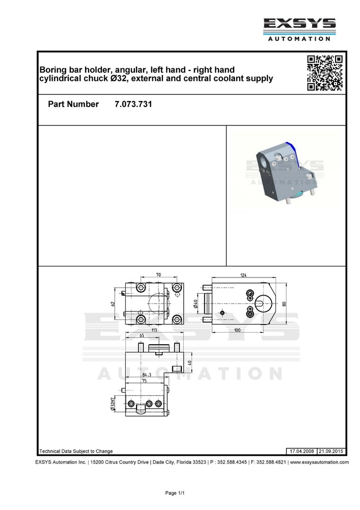 Boring bar holder, angular, left/right hand cylindrical chuck Ø32, 7.073.731