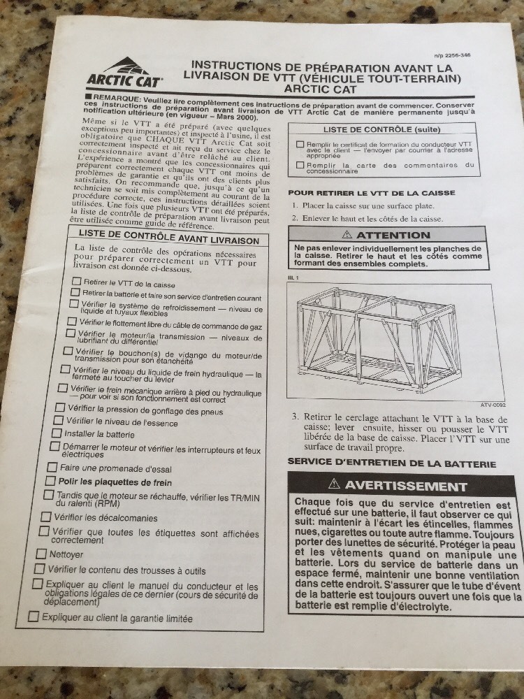 ARCTIC CAT ATV PRE-DELIVERY INSTRUCTIONS CHECKLIST EFFECTIVE MARCH 2000 INSP