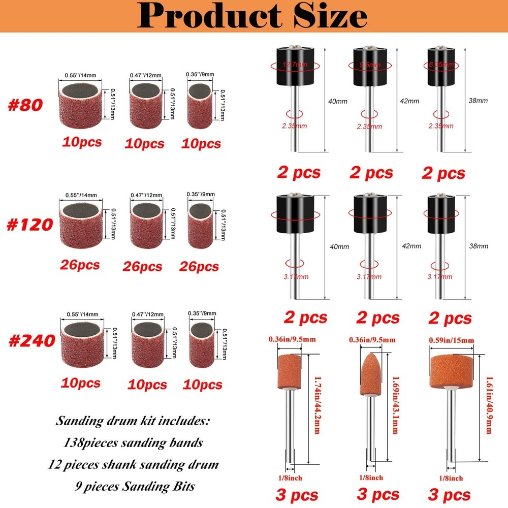 187-Piece Sanding Drum Kit for Drill & Drill Press – Includes 2inch Spindl