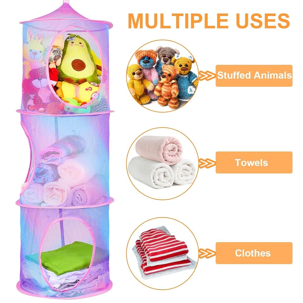 2 Pack Stuffed Animal Storage Mesh Foldable Organizer Net with 3 Compartments