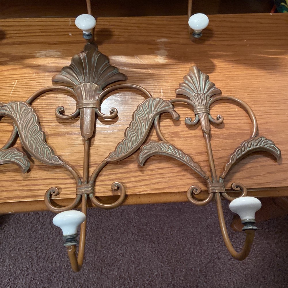 2 Antique Vintage Copper Coat Rack Hook Ornate White Knobs