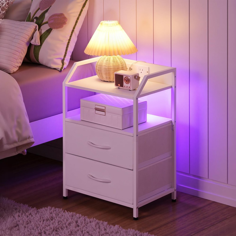 Nightstand with Charging Station, Bedside Table with Adjustable Fabric Drawer...