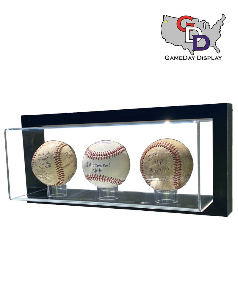 Framed Acrylic Wall Mount 3 Baseball Display Case UV Protecting Secure Mount