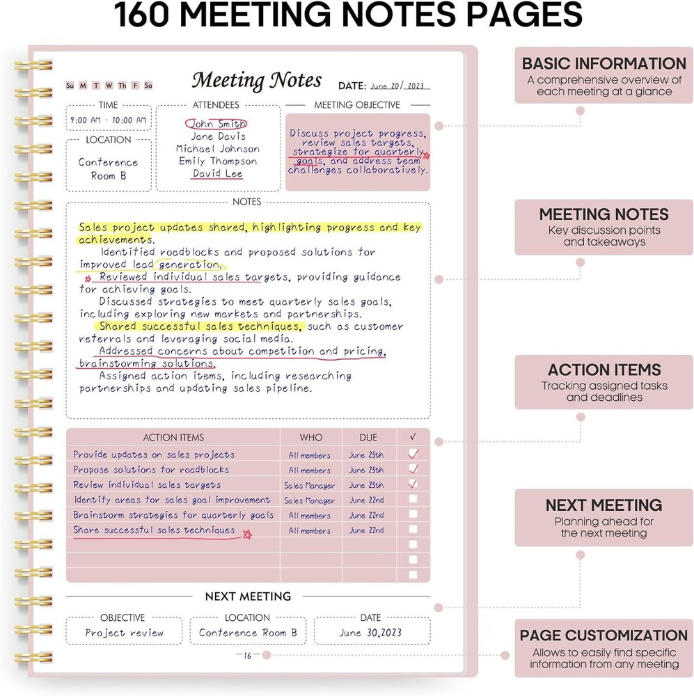 Meeting Notebook For Work Organization - Planner With c. Pink