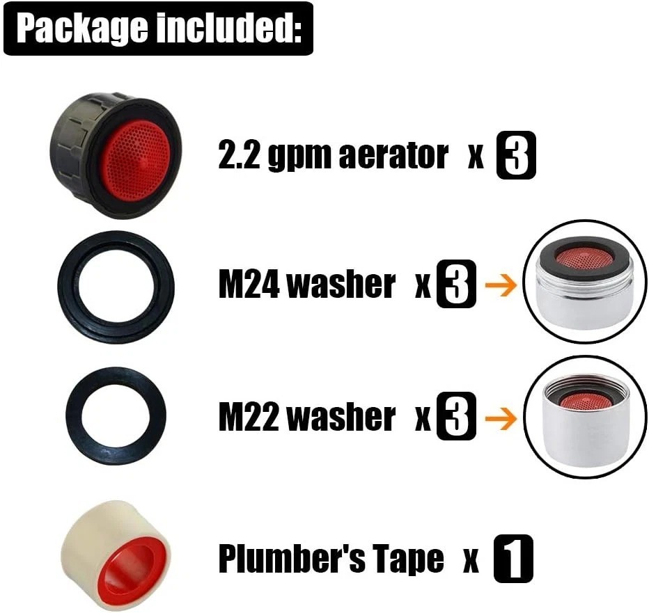 3-Pack Faucet Aerator Insert - 2.2 GPM Flow Restrictor Bathroom Replacement Par