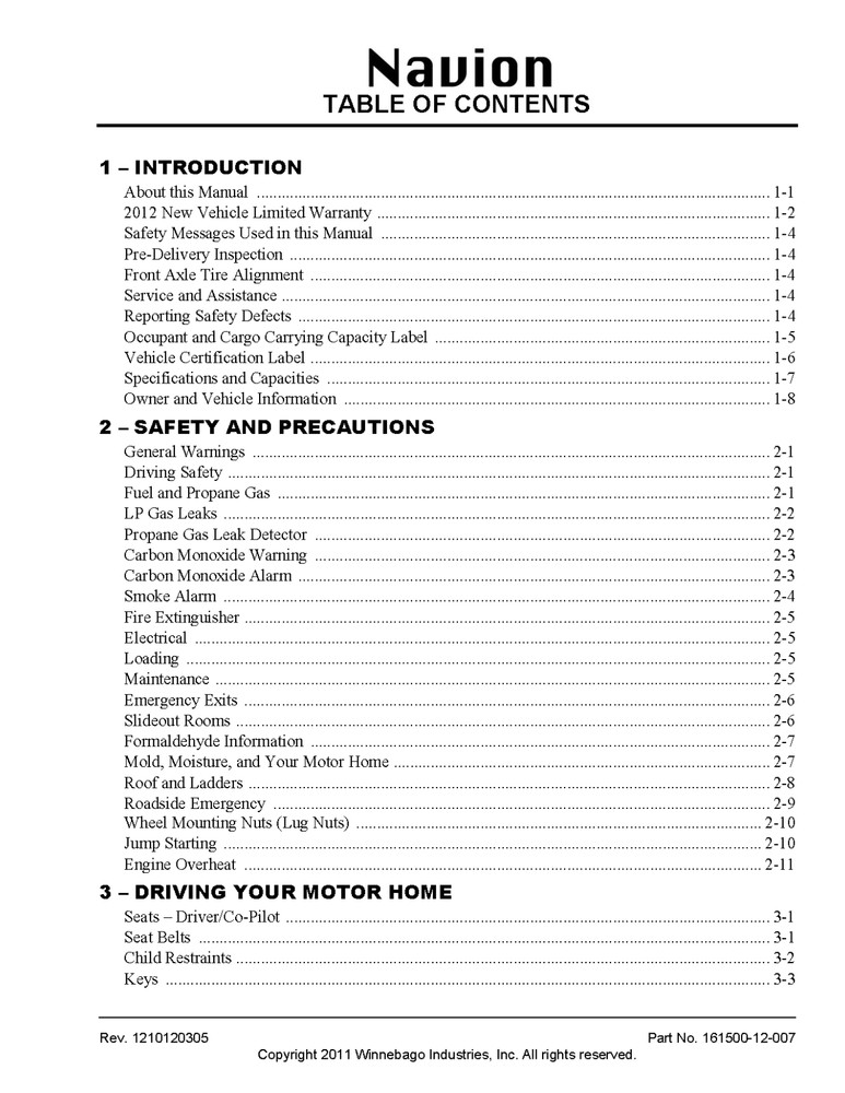 2012 Winnebago Navion Home Owners Operation Manual User Guide Coil Bound