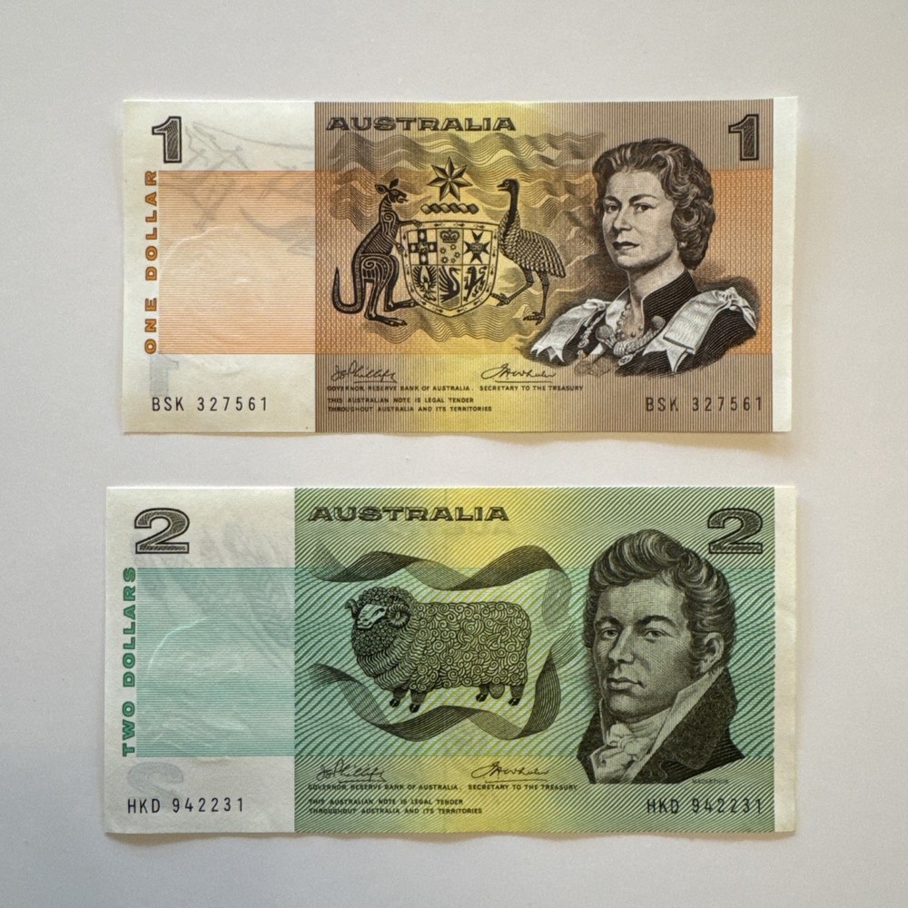 Australia $1 And $2 Banknotes - 2 Pcs, very nice!!