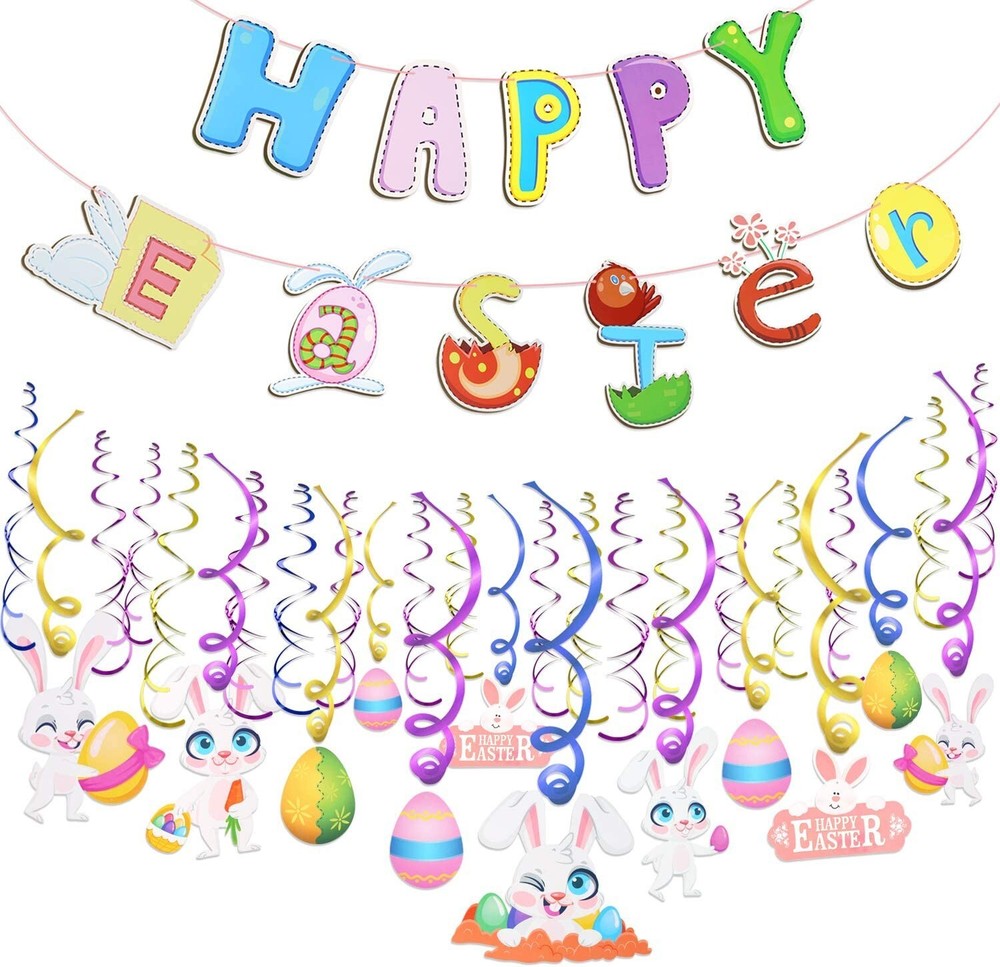 Easter Hanging Swirl Decorations Easter Egg Bunny Foil Ceiling Swirl and Banner
