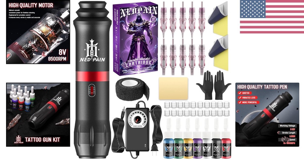 Ultimate Tattoo Starter Kit: Machine, 10 Needles, 7 Inks - For Beginners & Pros