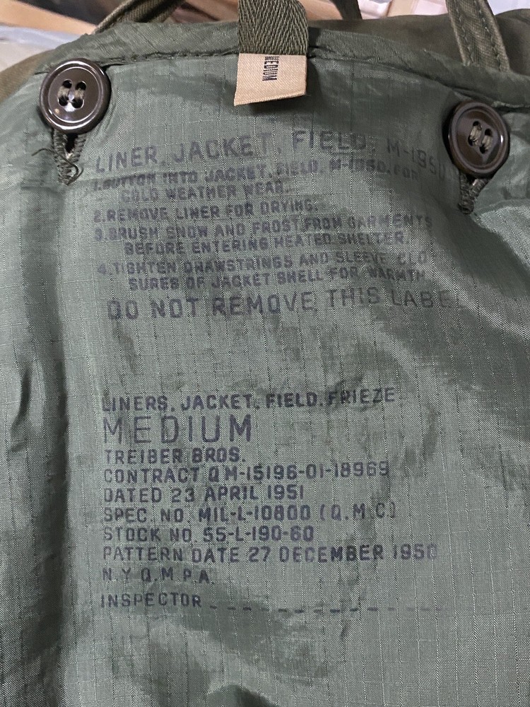 M-1950 Fishtail Field Jacket Medium Korean War W/ Button Silk & Terry Lining