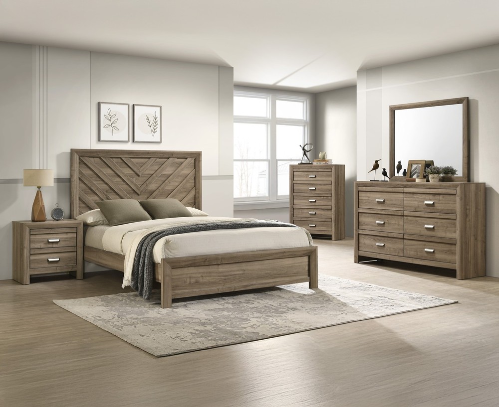 3pc Light Brown King Chevron-pattern Panel Bed Chest Nightstand Bedroom Set