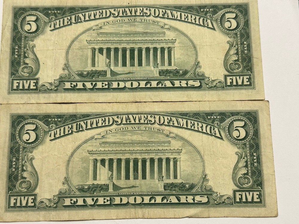 1963 $5 Dollar Red Seal Notes (2) Good Shape (whole) D125