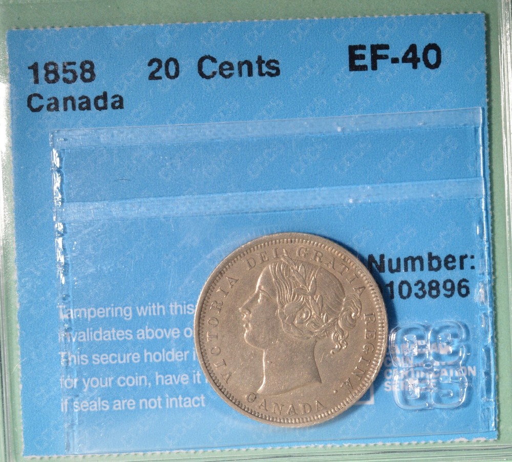1858 - Canada 20 Cents  - Graded CCCS EF-40  🇨🇦🇨🇦