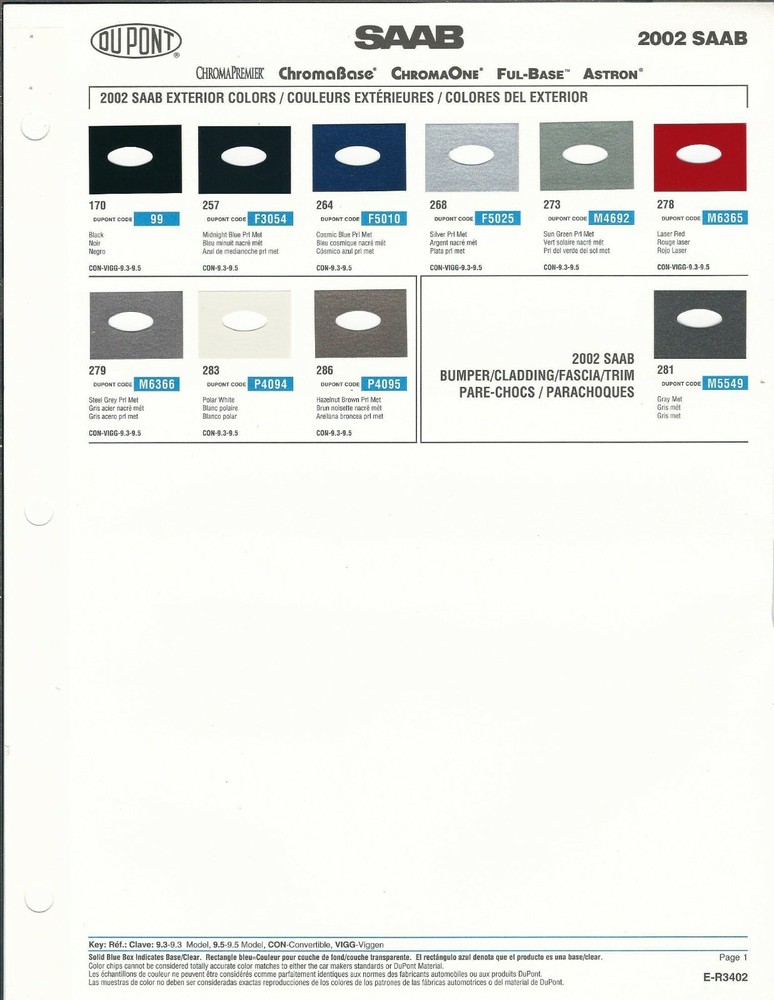 2002 2003 AND 2006 SAAB PAINT CHIPS (DUPONT)
