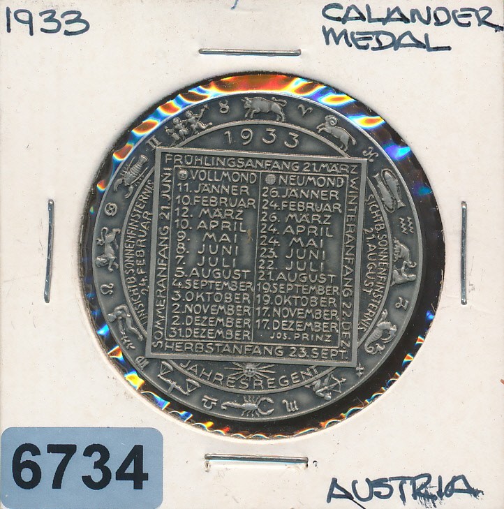 AUSTRIA  - 1933 - CALENDARE MEDAL - #6734
