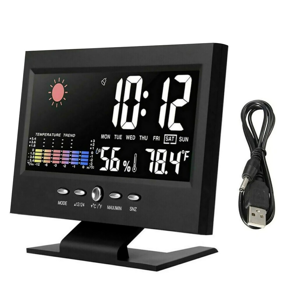 USB Powered LED Digital Clock Snooze Calendar Thermometer Hygrometer Display