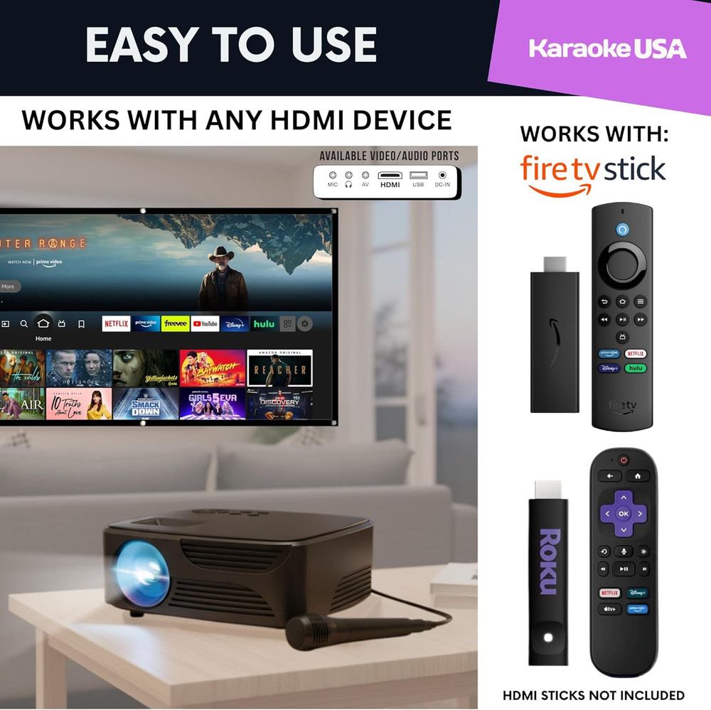 Mini Bluetooth Projector with Screen, Karaoke Microphone & Remote Control | Port