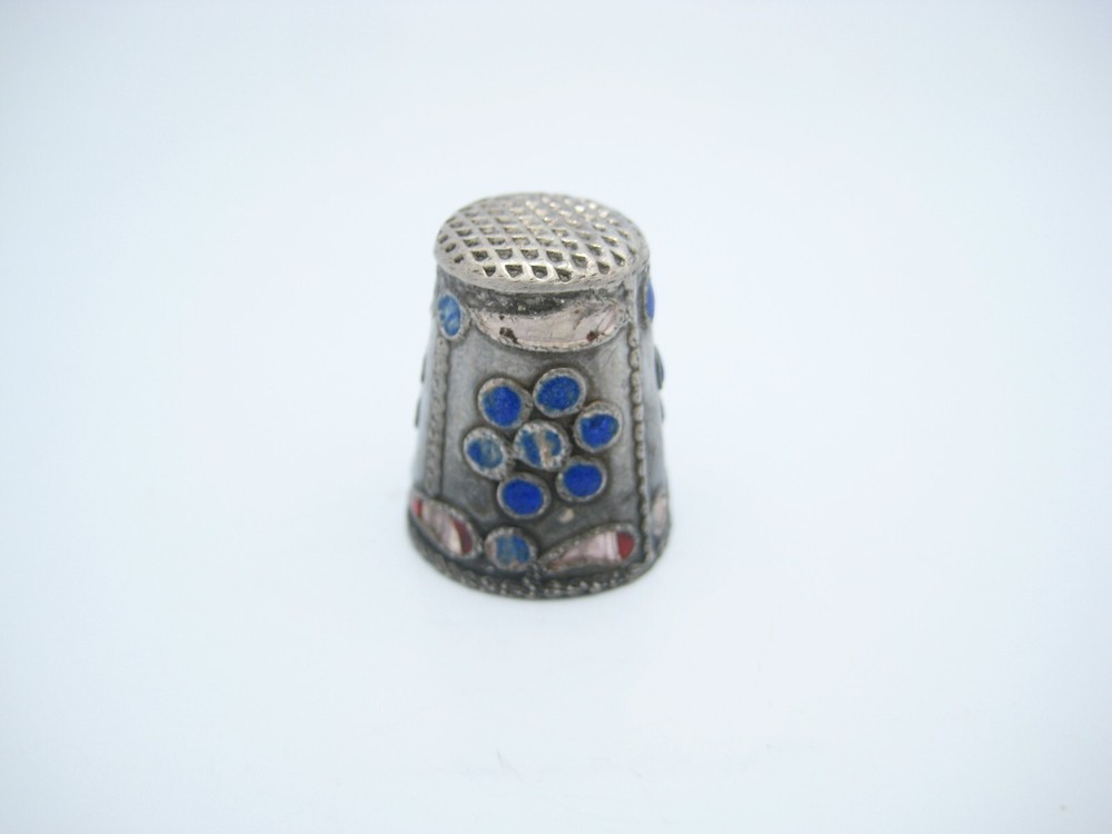 Antique 935 Silver 18mm Blue Enamel Sewing Thimble