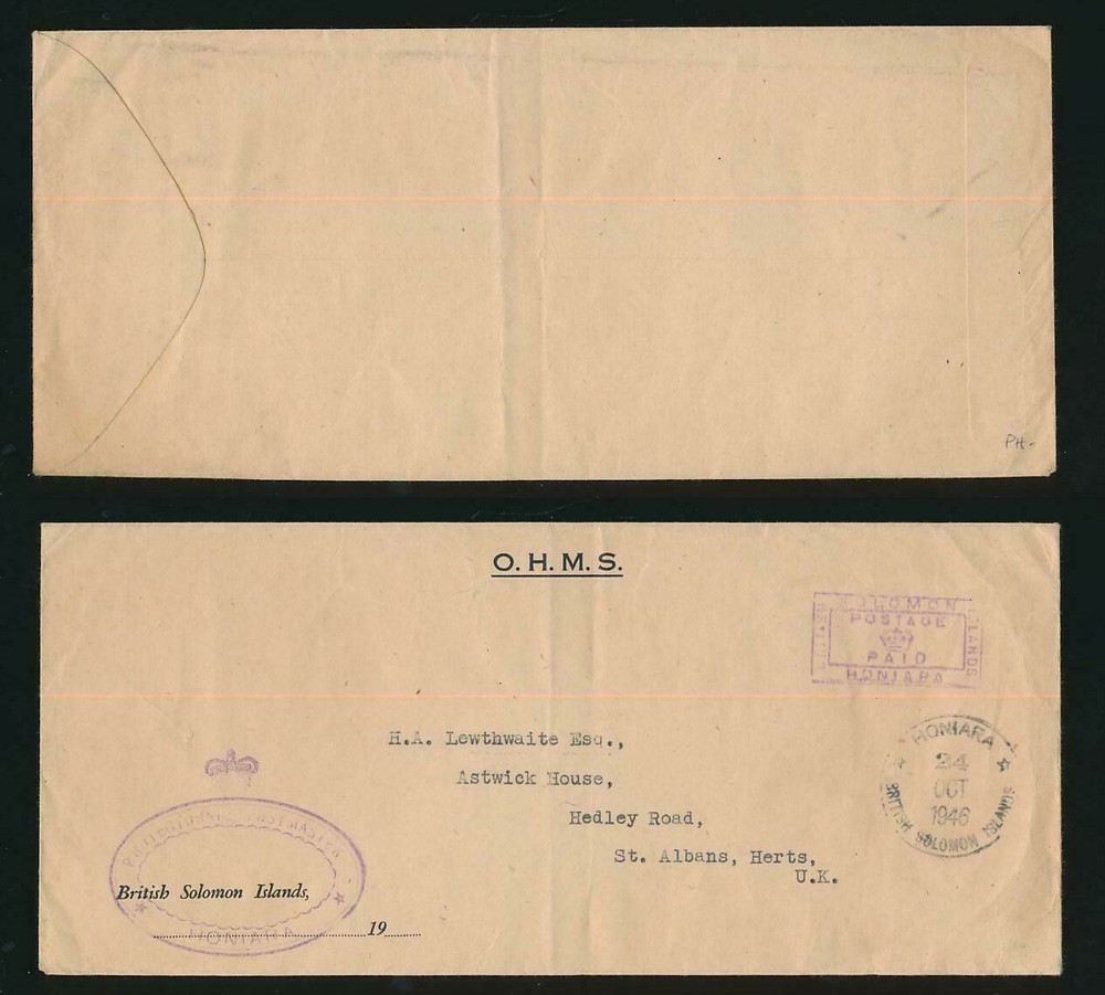 BRITISH SOLOMON Is OFFICIAL PAID RECTANGULAR + PROTECTORATE POSTMASTER OVAL 1946