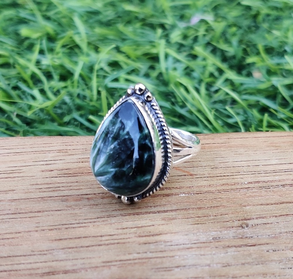 Seraphinite Gemstone Ring Solid 925 Sterling Silver Size 8 Nice Ring MO5597