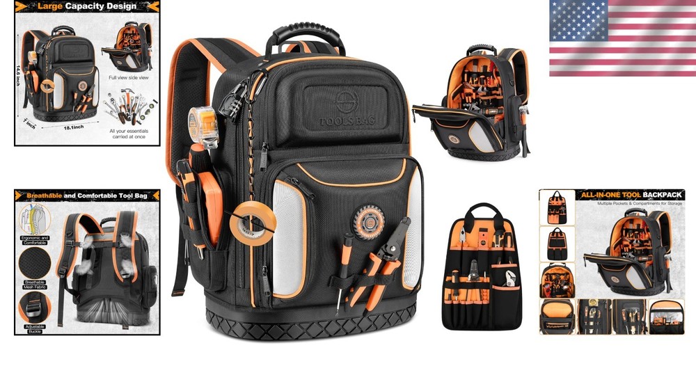 Professional Tool Backpack with 75 Pockets & Pull-Out Storage - Black & Orange