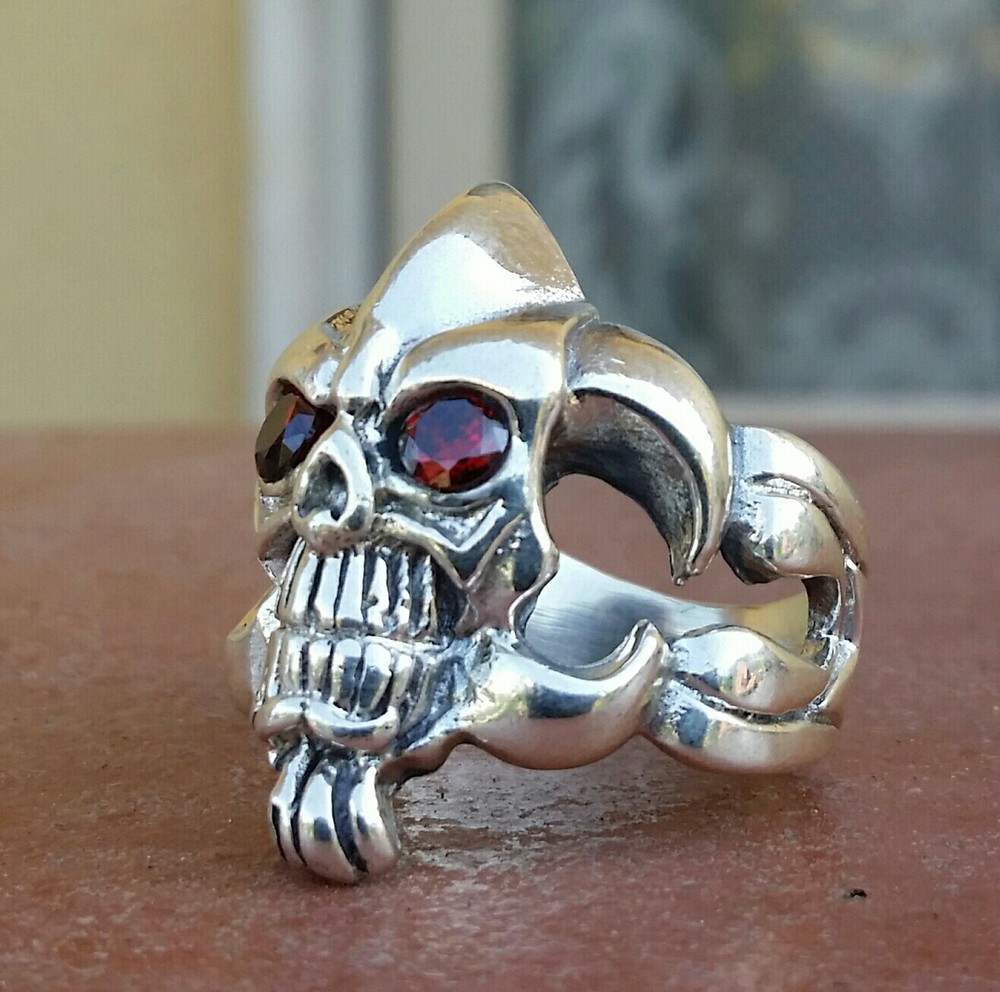 925 MENS SILVER RING motorcycle skull harley garnets ruby color
